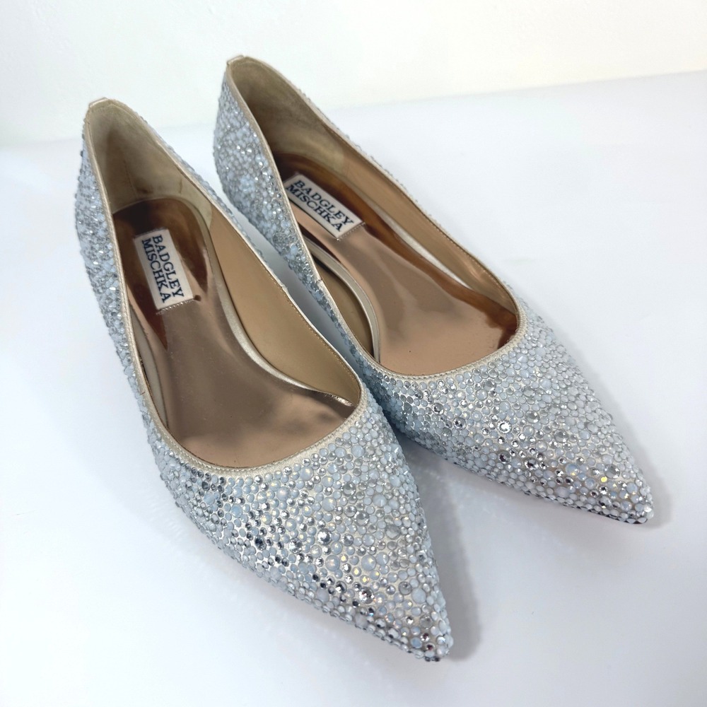 Badgley Mischka Kitten Heels Silver Crystal Rhinestone Embellished Bridal 6.5 - Picture 5 of 8